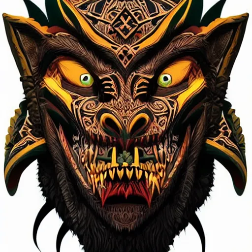 Image similar to side profile of barong family member, wiwek, mara demon, one single tribe member, jungle, one single mask, dark, ancient warrior, werewolf, tribal, inner glow, art by dan mumford and justin gerard