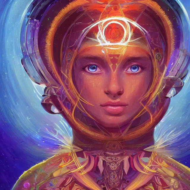 Prompt: one centered screen portrait of a future metaverse ayahuasca tech shaman warrior, 2 d cartoon, visionary art, symmetric, magick symbols, holy halo, shipibo patterns, sci - fi, concept art, trending on art station, 8 k digital art, by mandy jurgens, fantasy portrait art, anime