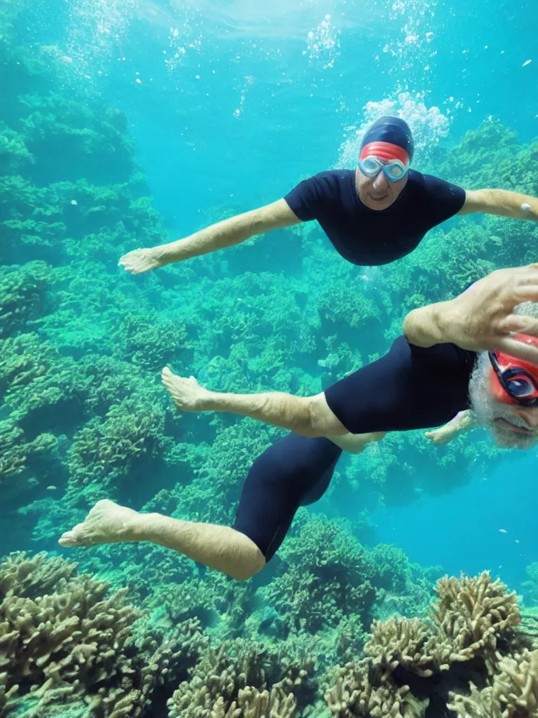 Prompt: a middle aged man swimming under the sea coral reef