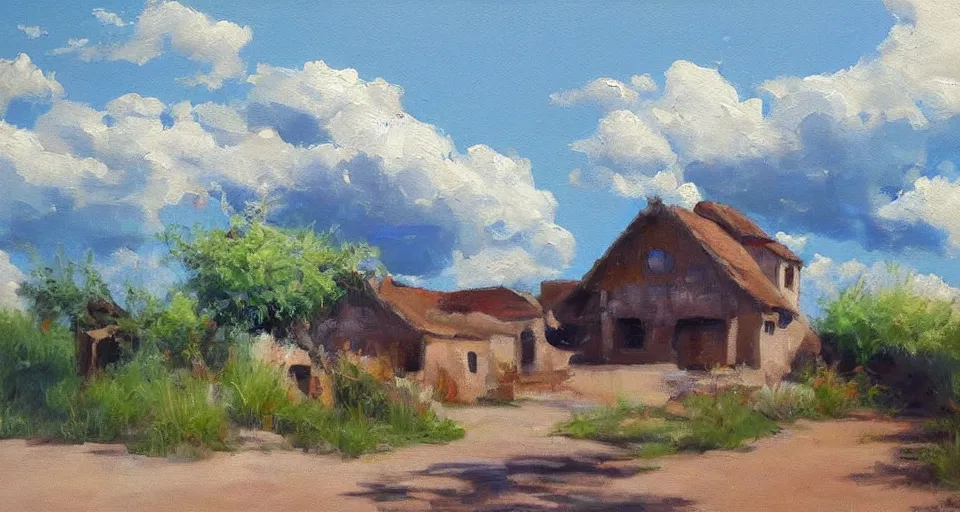 Prompt: an expensive adobe house, blue sky with clouds, beautiful painting, oil on canvas, by ewa czarniecka, award winning masterpiece,