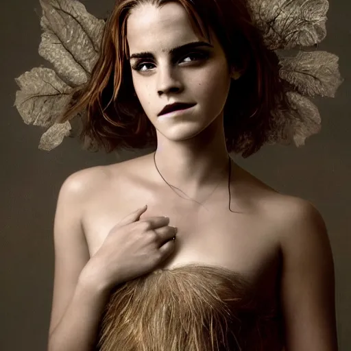 Image similar to Emma Watson in a nymph costume striking a pose, naturist, portrait photography oil on canvas, intricate, portrait, 8k highly professionally detailed, HDR, CGsociety