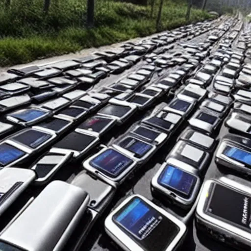 Image similar to pile of smartphones on highway, totalled vehicles from copart, photo