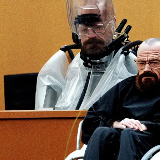 Prompt: walter white with a rough beard, wearing a clear plastic scuba rebreather, sitting in a wheelchair in a courtroom.