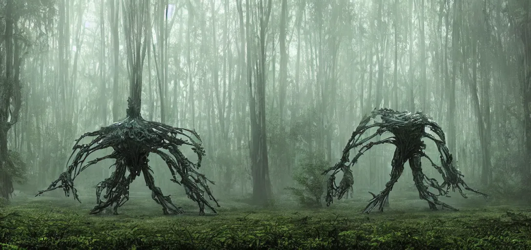 Prompt: a complex organic fractal 3 d metallic symbiotic ceramic humanoid megastructure creature in a swampy lush forest, foggy, cinematic shot, photo still from movie by denis villeneuve, wayne barlowe, sun rays