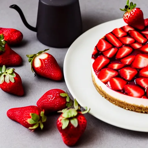 Image similar to realistic photo of a strawberry cheesecake, delicious, studio lighting, cinnamon and tea beside, realistic, food