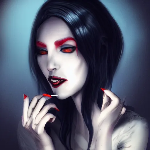 Prompt: a vampire woman getting ready to feed on her victim, realistic, 8k, trending on artstation, psychedelic glow