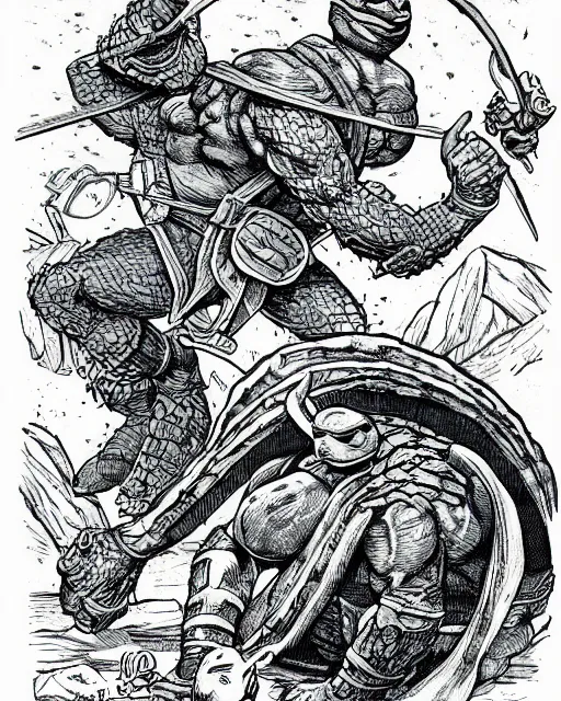 Image similar to Raphael the Ninja Turtle from the Dungeons and Dragons Monster Manual, line art illustration, 1981, high detail