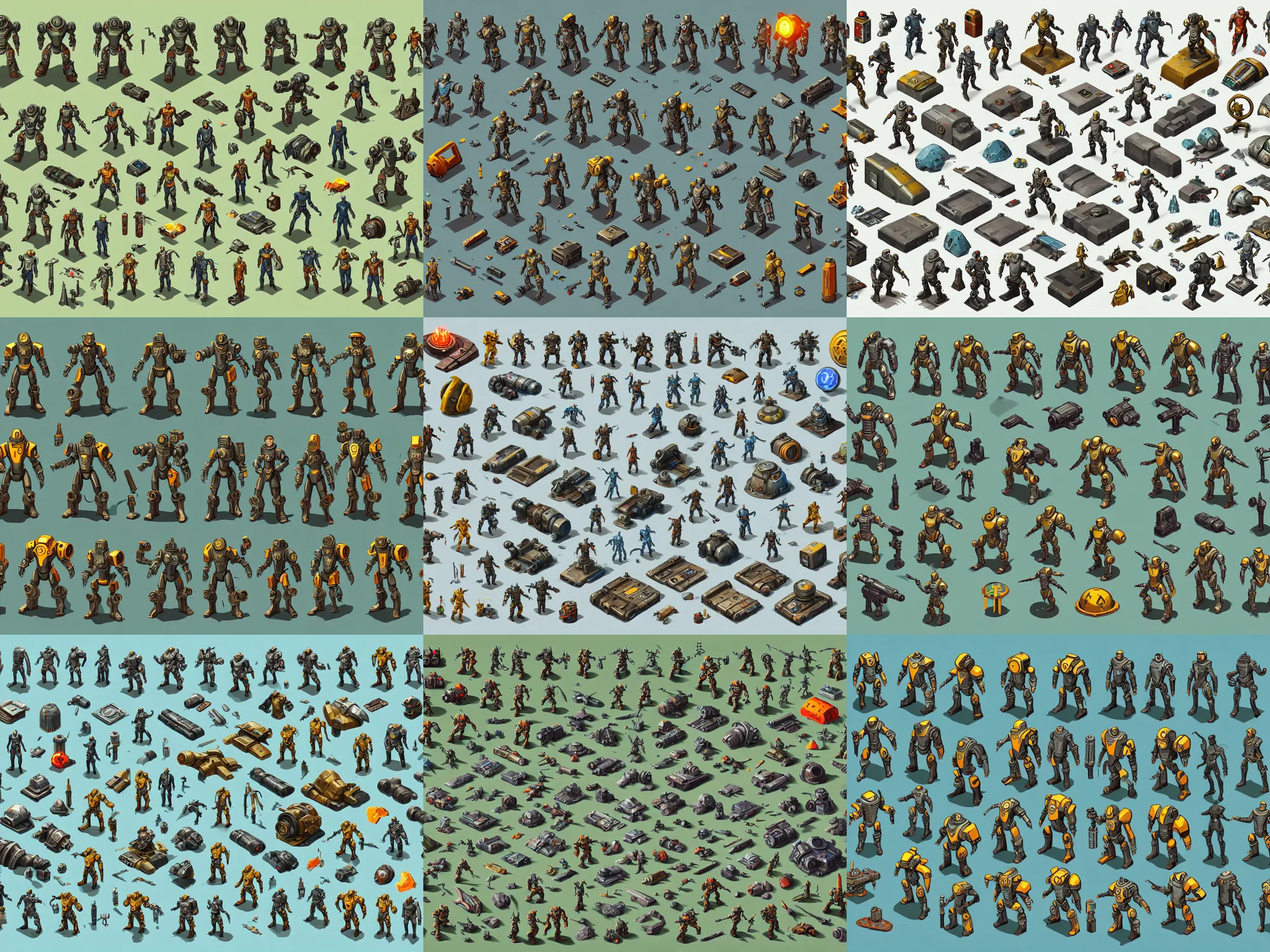 Prompt: isometric game asset of fallout power armor, left right front back, in gouache detailed paintings, props, stylized, 2 d sprites asset sheet, kitbash, arcane, prop rocks, overwatch, many color scheme, 8 k, close up, white background