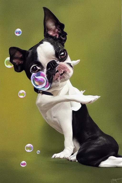 Prompt: a boston terrier chasing bubbles. clean elegant painting, beautiful details, lots of bubbles. by artgerm and greg rutkowski