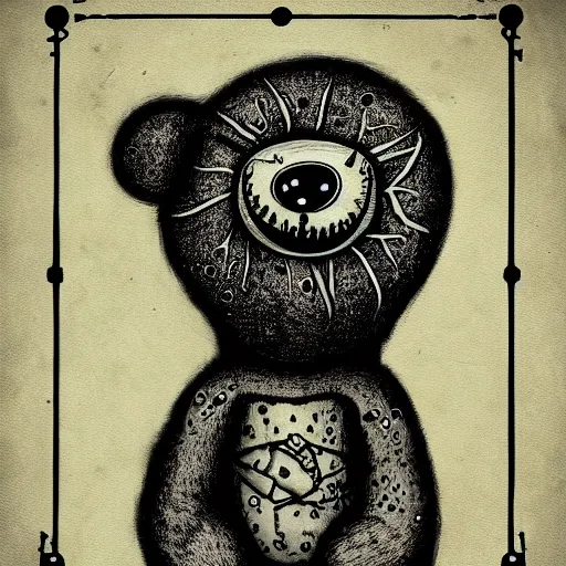 Prompt: dark art cartoon grunge drawing of a teddy bear with black holes as eyes by tim burton - loony toons style, horror theme, detailed, elegant, intricate, trending on art station