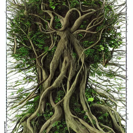 Image similar to a portrait of a tree man, roots, vines, moss