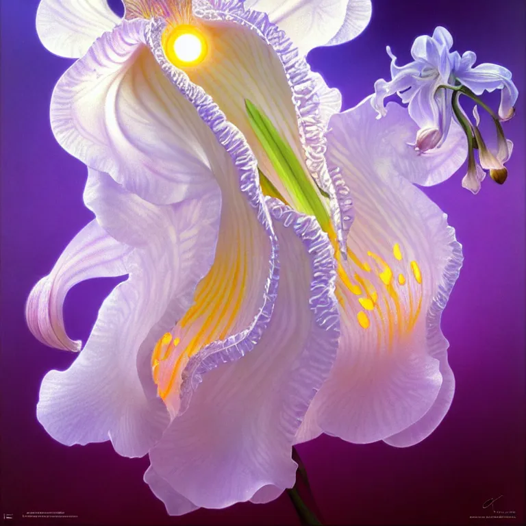 Image similar to detailed giant white holographic orchid iris hybrid flower, lsd water, lsd ripples, droplets, backlit, sunset, refracted lighting, art by collier, albert aublet, krenz cushart, artem demura, alphonse mucha