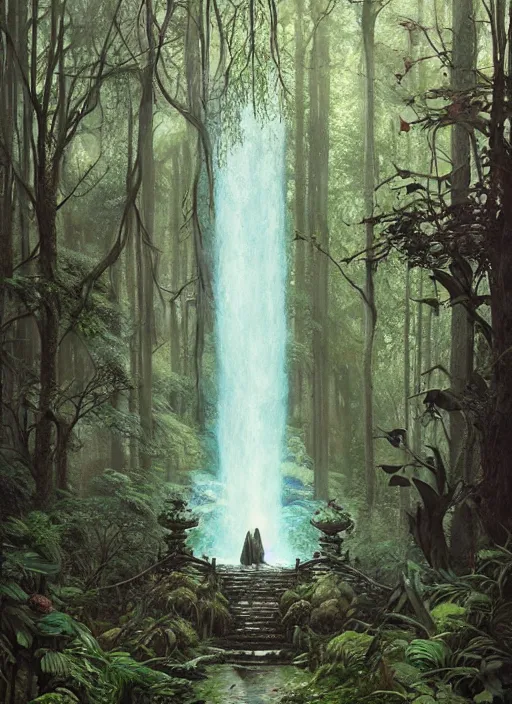 Image similar to a hyper realistic architectural witch shrine under a waterfall in the woods, gorgeous lighting, lush forest foliage, painting by chiara bautista and tom bagshaw, muca beksinski and norman rockwell and greg rutkowski weta studio, and lucasfilm