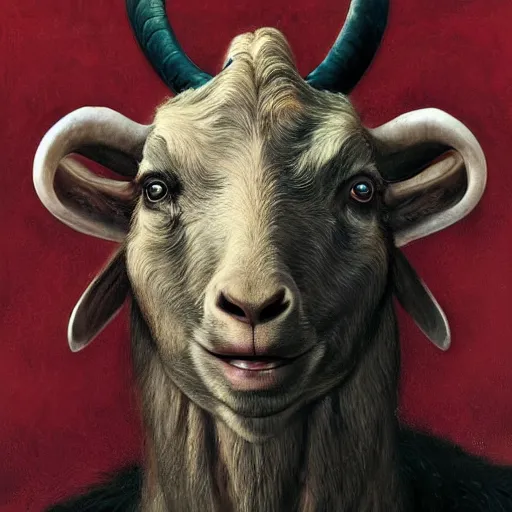 Image similar to vladimir putin is anthropomorphic goat hybrid, face of putin macabre, horror, by donato giancola and greg rutkowski and wayne barlow and zdzisław beksinski, digital art