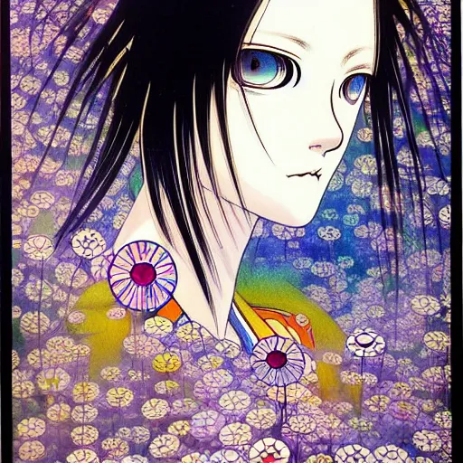 Image similar to prompt: Fragile looking soft light portrait face drawn by Takashi Murakami and Katsuhiro Otomo, inspired by Ghost in Shell anime, magical and alchemical objects on the side, soft light, monochrome background, intricate detail, intricate ink painting detail, sharp high detail, manga and anime 2000