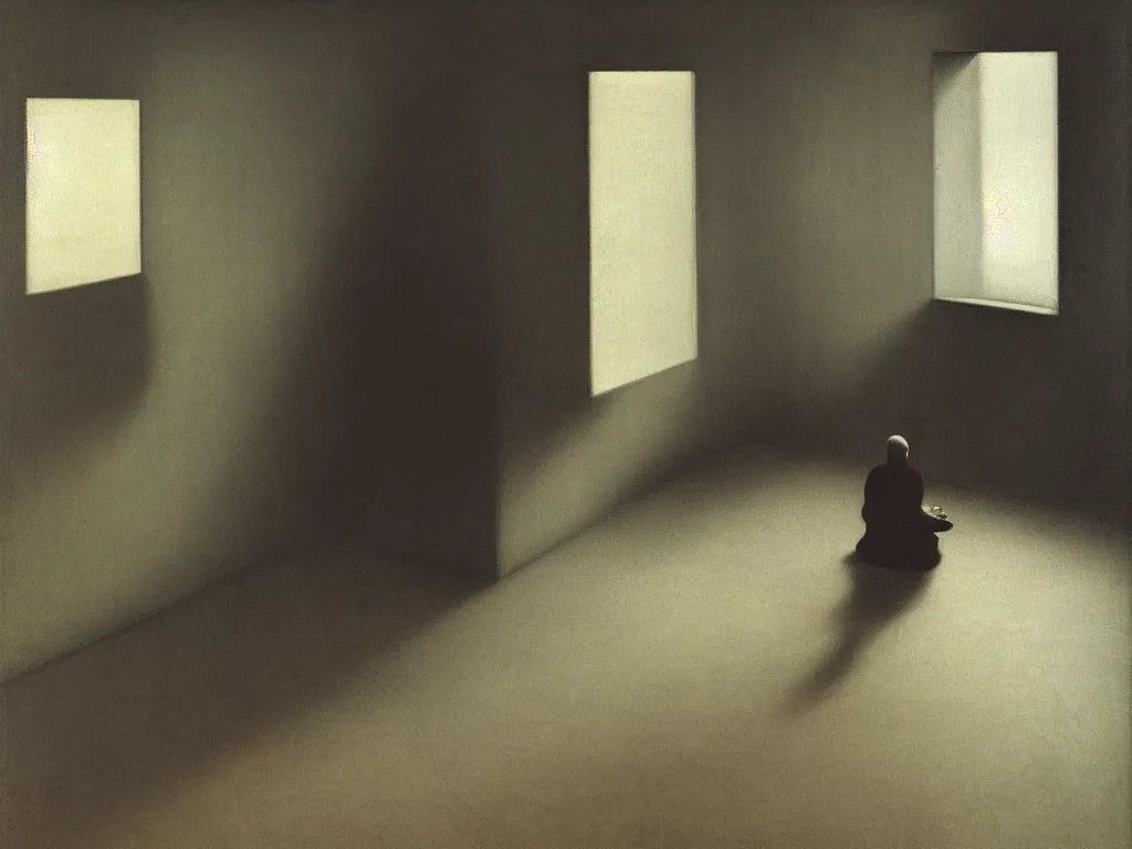 Image similar to Interior of a Zen monk cell. Grazing light, high contrast. Painting by Vilhelm Hammershoi, Rothko