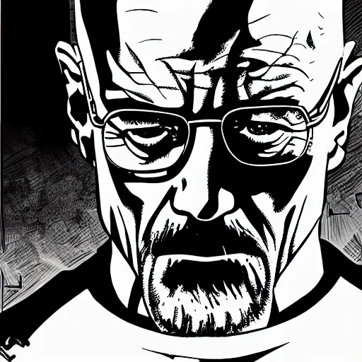 Image similar to Walter White comic book page, inked, superhero comic