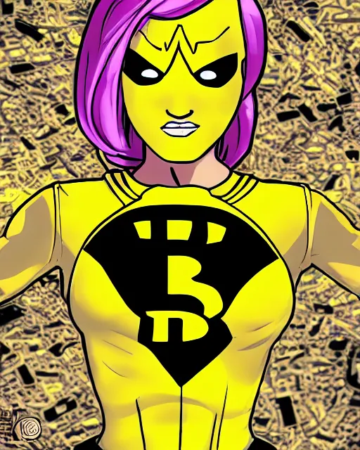 Prompt: bitgirl superhero woman yellow and black skin suit with bitcoin logo on chest, epic comic book cover