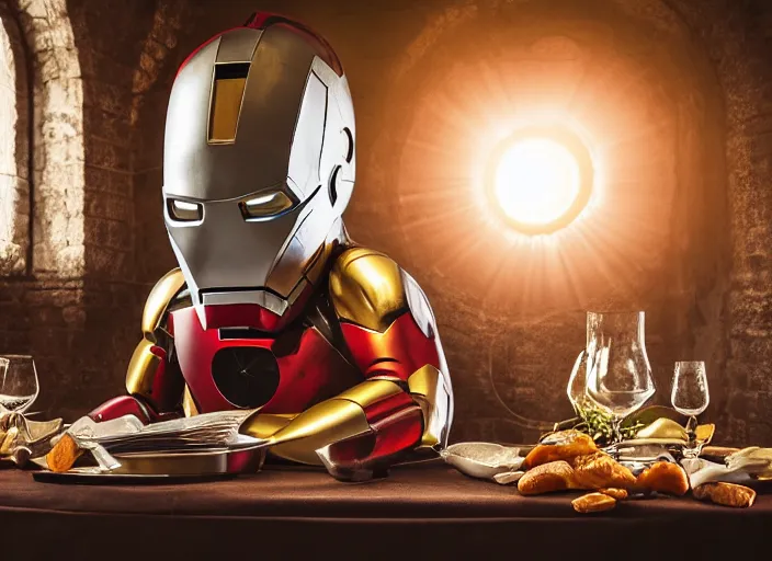 Image similar to a reflective steel engineering mask of ironman on table, medieval themed castle in golden afternoon light, professional food photography