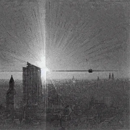 Image similar to A Zeppelin caught in searchlight beams during an air raid on London in the style of John Atkinson Grimshaw