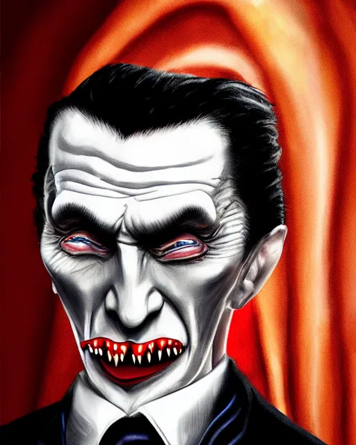 Prompt: dracula donald trump, character portrait, close up, concept art, intricate details, highly detailed, hyperrealism in the style of otto dix and h. r giger