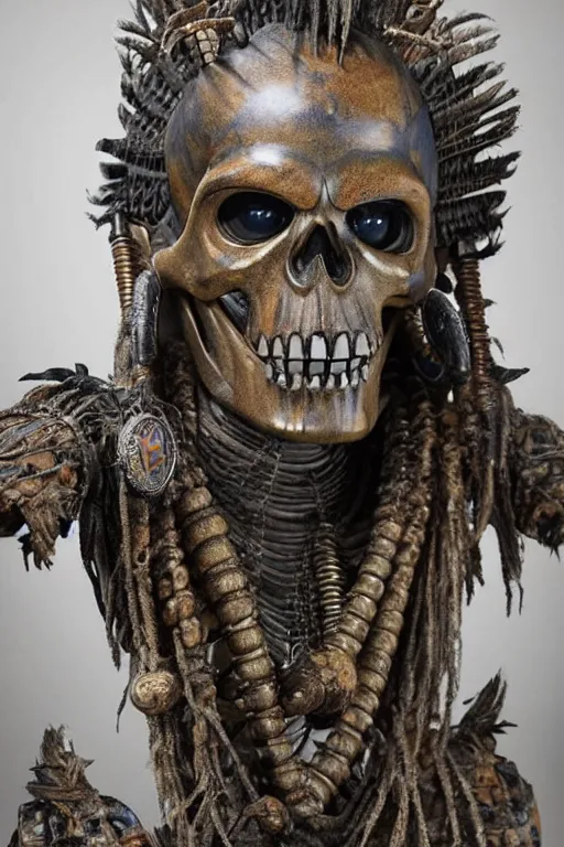 Image similar to photo taken of an epic intricate, ultra detailed, super realistic gritty, hero prop, exquisitely weathered animatronic movie prop of a lifelike sculpture of a tlaloc the god of the death creature displayed in the workshop, created by weta workshop, full body shot, photorealistic, sharp focus