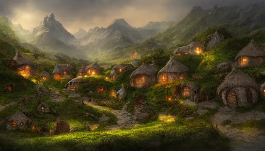 Image similar to matte painting of a beautiful hobbit village, digital art, trending on artstation