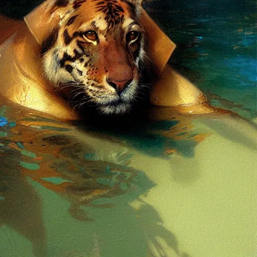 Image similar to a portrait of an animal in the pool. highly detailed painting by gaston bussiere, craig mullins, j. c. leyendecker, furry