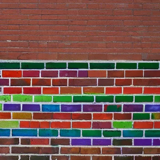 Prompt: a brick wall with rainbow coloured bricks