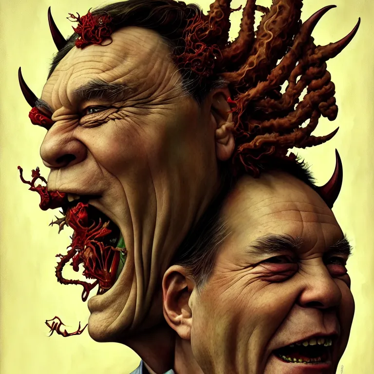 Image similar to a portrait of a devil mad cannabis premier francois legault in 2 0 2 1 illustrated by miyazaki by karol bak, james jean, tom bagshaw, rococo, sharp focus, trending on artstation, cinematic lighting, hyper realism, octane render, 8 k, hyper detailed, vivid, ultra detailed, highly detailed