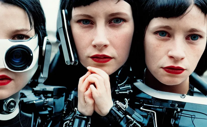 Image similar to cinestill 5 0 d photographic portrait by helen levitt of two loving female cyborgs wearing black techwear in a retrofuturist liminal office, extreme closeup, modern cyberpunk, garden terraces, 8 k, hd, high resolution, 3 5 mm, f / 3 2, ultra realistic faces, intricate detail, ex machina