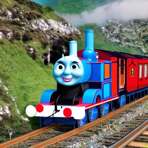 Image similar to hyper detailed photo realistic chinese thomas the tank engine going fast