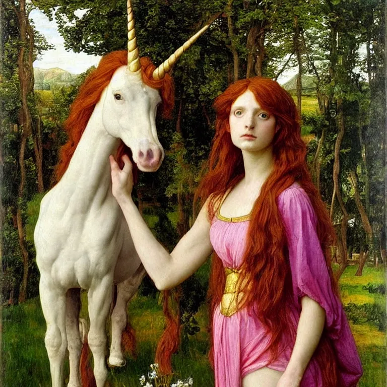 Image similar to A perfect unicorn, pre raphaelite painting