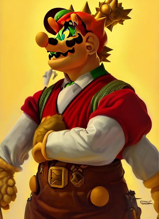 Image similar to oil portrait of bowser from super mario, intricate, elegant, highly detailed, lighting, painting, artstation, smooth, illustration, art by greg rutowski and alphonse mucha