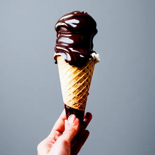 Prompt: an ice cream cone with chocolate syrup that looks like north america