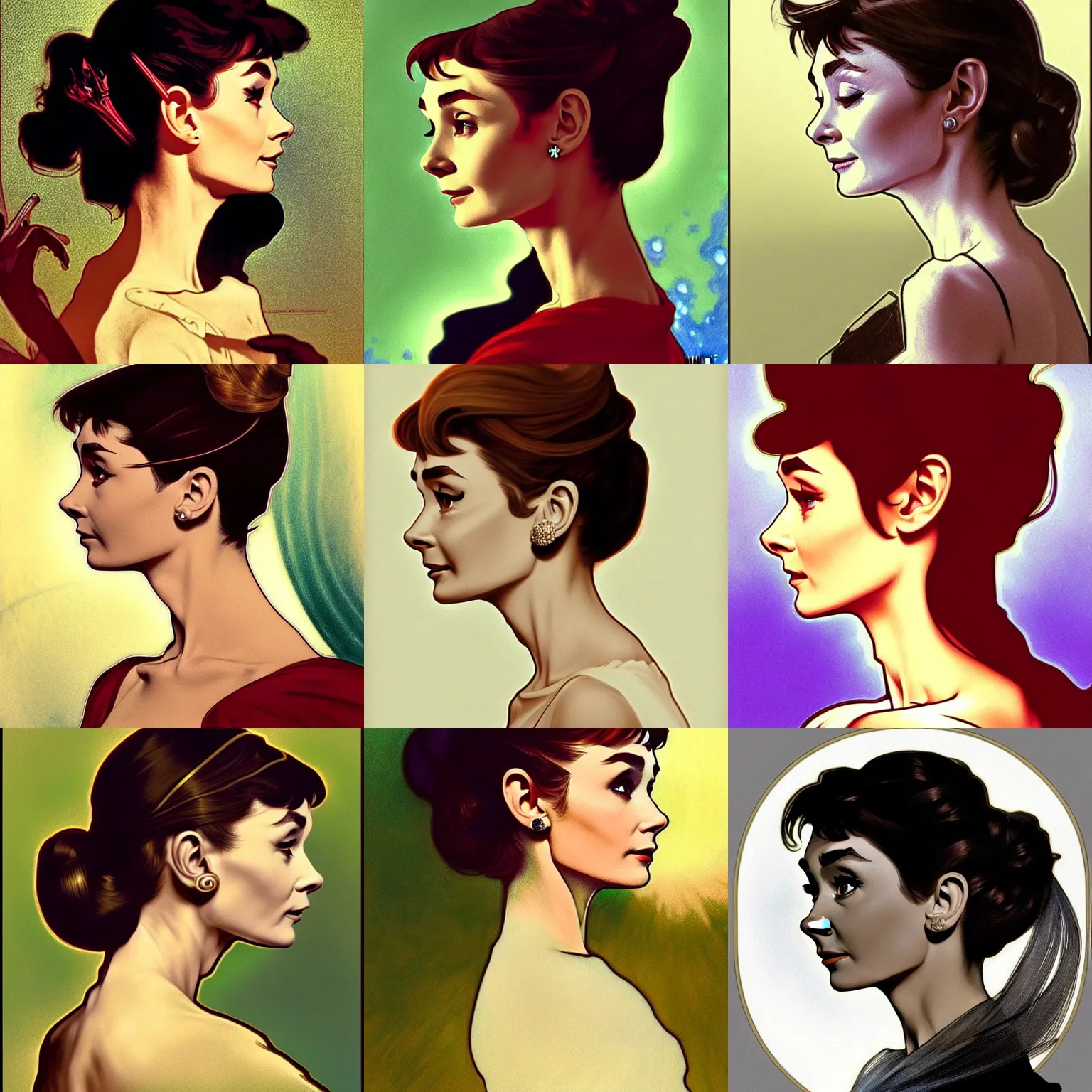 Prompt: side profile centered painted portrait, Audrey Hepburn as a wind sorcerer, D&D, cell-shaded, matte painting concept art, bright backlit, official fanart, 4k, Pinterest, by Alphonse Mucha - H 704