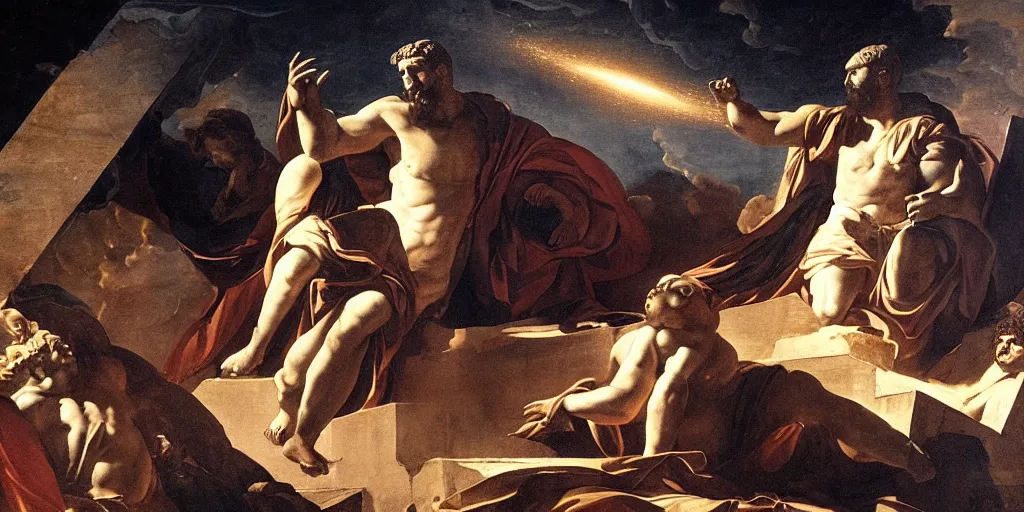 Image similar to a roman emperor using magic to create a void leading to the universe on the sky of roma, chiaroscuro, great compositions, perfect painting rules, beautiful lighting, insanely detailed