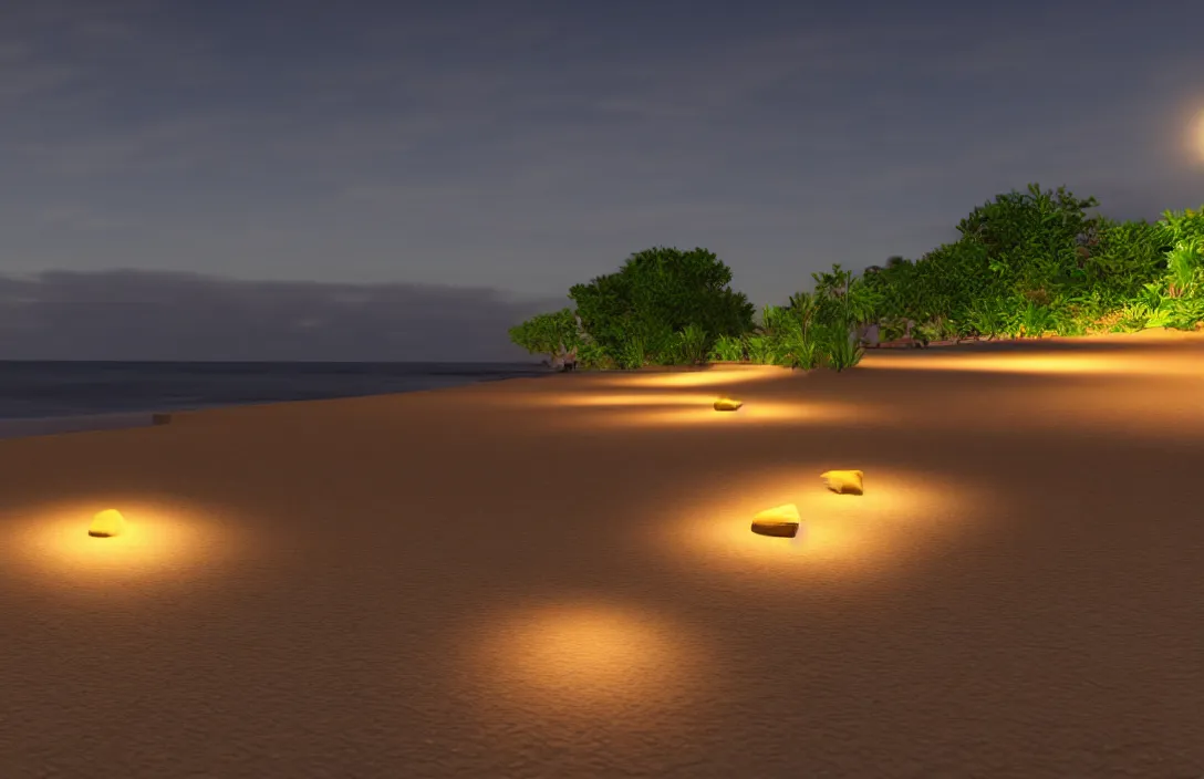 Image similar to on the beach by the sea, at night, unreal engine rendering, with light and shadow