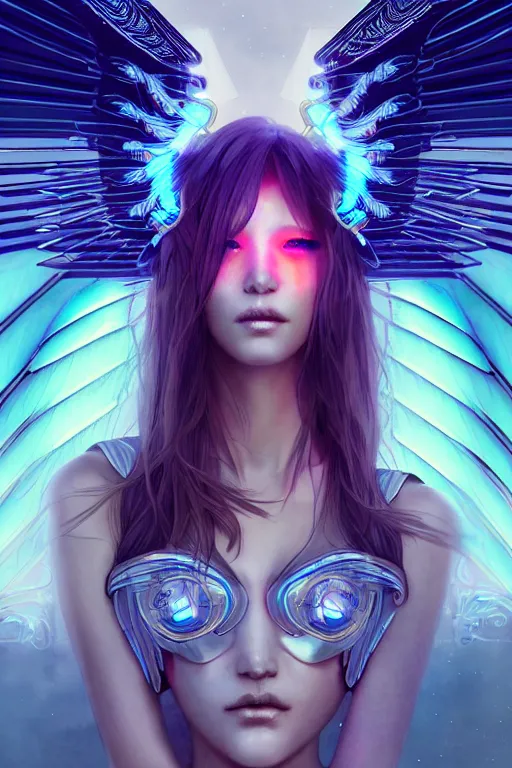 Prompt: portrait futuristic angel Girl with halos and wings and feathers and armor, in future cyberpunk tokyo rooftop , ssci-fi, fantasy, intricate, very very beautiful, elegant, human anatomy, human structure, neon light, highly detailed, digital painting, artstation, concept art, smooth, sharp focus, illustration, art by tian zi and WLOP and alphonse mucha