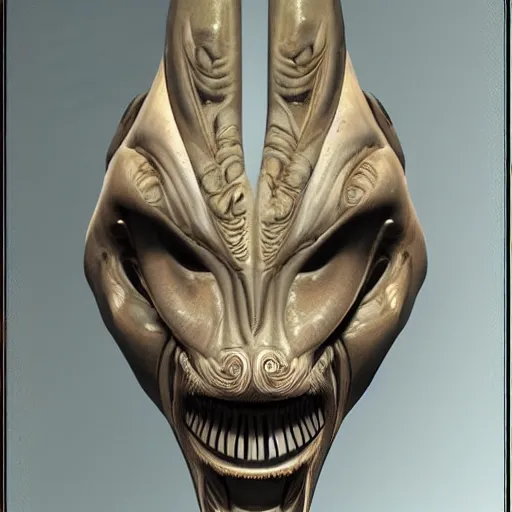 Image similar to A detailed alien portrait, with intricate ivory carvings, by H.R. Gigger, render, z brush, 4k