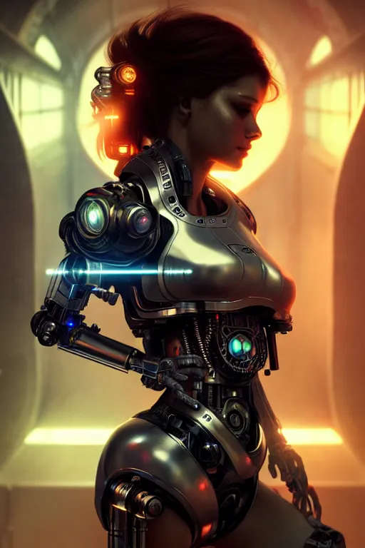 Image similar to ultra realistic, beautiful female cyborg in a crowded smoky cyberpunk club in space megalopolis, sci - fi, intricate details, eerie, highly detailed, octane render, 8 k, art by artgerm and alphonse mucha and greg rutkowski