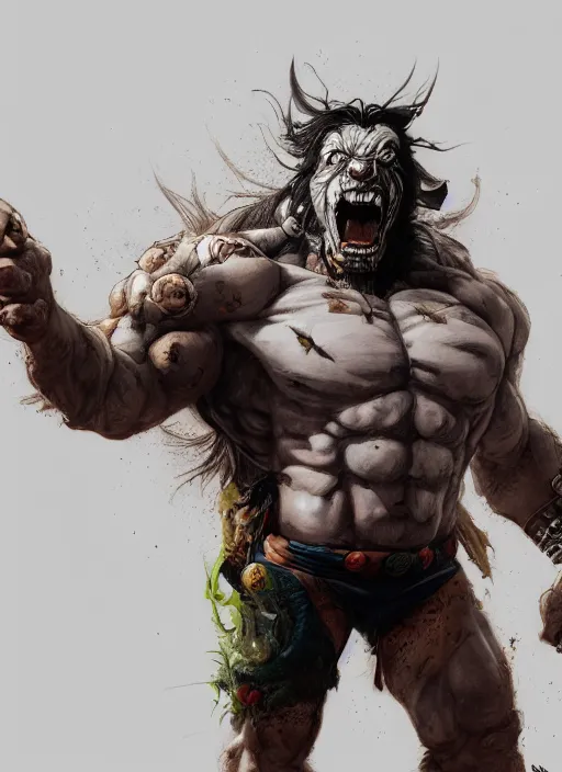 Image similar to lobo, from simon bisley art fighting goku, au naturel, hyper detailed, digital art, trending in artstation, cinematic lighting, studio quality, smooth render, unreal engine 5 rendered, octane rendered, art style by klimt and nixeu and ian sprigger and wlop and krenz cushart