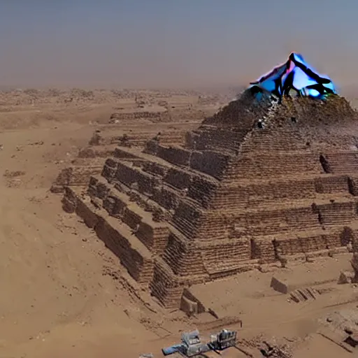 Prompt: go - pro drone footage of the construction of the pyramids of egypt