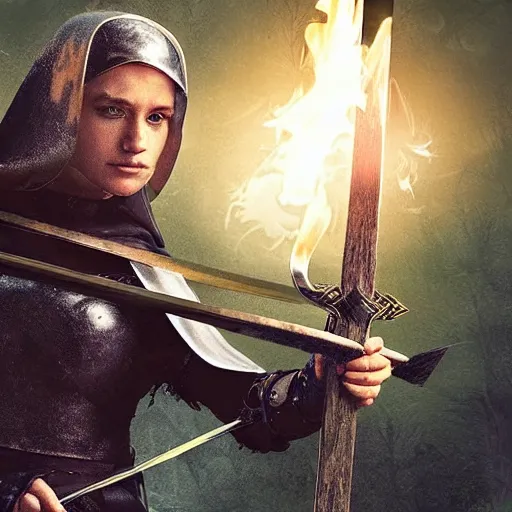 Prompt: A celtic-looking valkyrie nun wearing lightweight armor and wielding a splinter sword, at night, with a flame arrow rain on the background, award-winning digital art