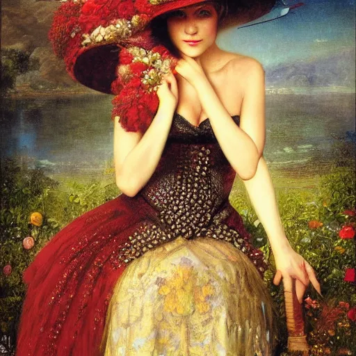 Image similar to portrait of a woman with a giant hat, by howard david johnson