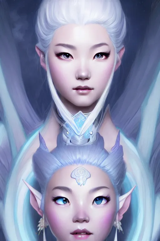 Image similar to Princess Yue with white hair from avatar the last airbender, fantasy, intricate, elegant, highly detailed, digital painting, artstation, concept art, matte, sharp focus, illustration, art by Artgerm and Greg Rutkowski and Alphonse Mucha