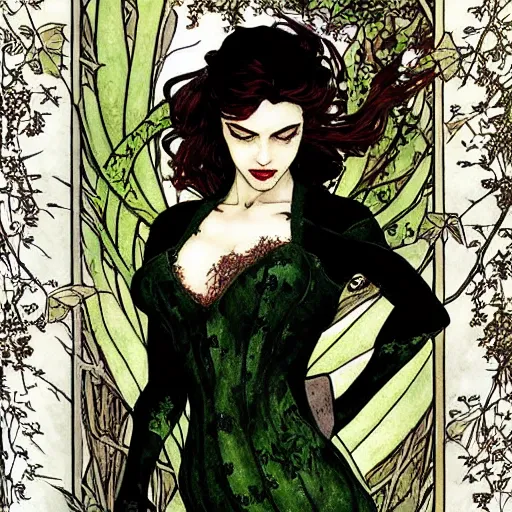 Image similar to a beautiful picture of doctor poison ivy professor of botany holding office hours, academic clothing, dark eyeliner, intricate, elegant, highly detailed, digital painting, artstation, concept art, matte, sharp focus, illustration, art by rebecca guay and by arthur rackham and by alphonse mucha and by john william waterhouse