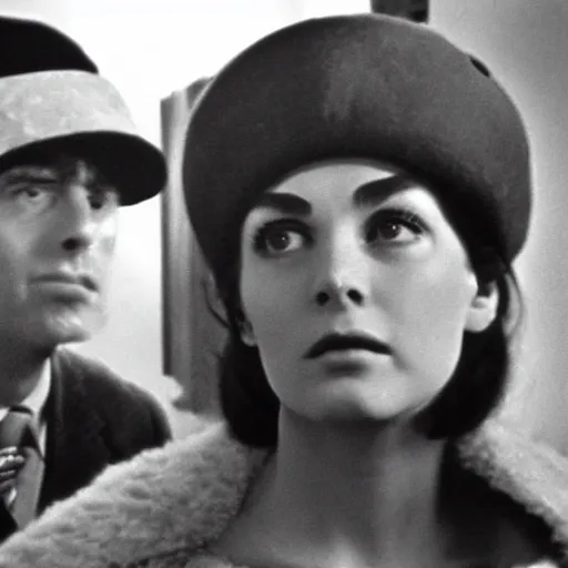 Image similar to still from a masterpiece 1 9 6 0 s french art film, very beautiful and elegant girl in beret with large eyebrows with an angry expression while talking to a man, moody lighting, viewed from afar, cinematic shot, the movie is in color