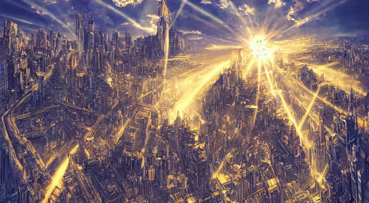 Image similar to fortress accadamy of tower cristal a spectacular view cinematic rays of sunlight comic book illustration, by john kirby