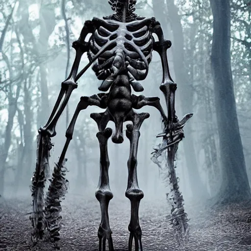 Image similar to a skeletal centaur in a magical forest, nekro style. Very detailed 8k